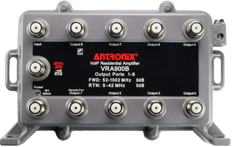 Reliable Cable Products 9 Port Bi-Directional Cable TV Splitter Signal Booster/Amplifier with Active Return Zero Signal Loss VoIP Telephone Bypass Port and F59 Terminators Antronix VR900B/AC