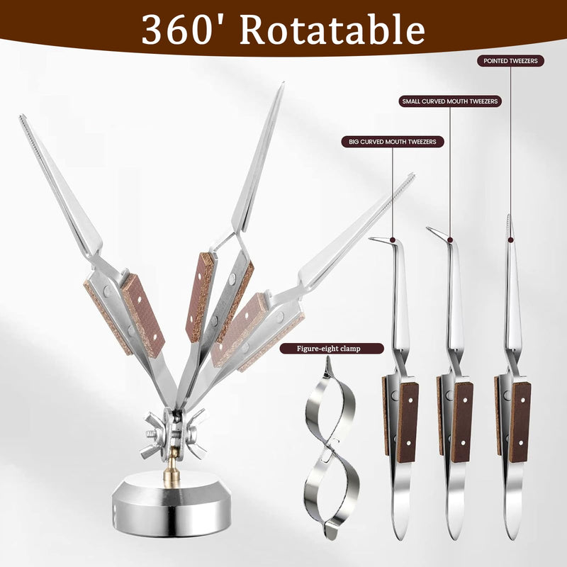 Third Hand Tweezers,6 Pcs Soldering Tweezers, 3 Cross Lock Solder Tweezers + 2 with Base+Figure 8 Gourd Clamp, with Base 360° Rotation,Jewelry Making Repair Kit