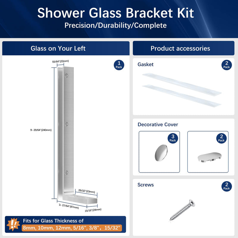 LukLoy Fixed Glass Bracket, Wall to Glass Shower Support Bar, One-Piece Casting L Shape Stabilizer Mounting Bracket for 8-12mm Shower Glass Panel, No Drill in Glass(Brush, Left) Brush