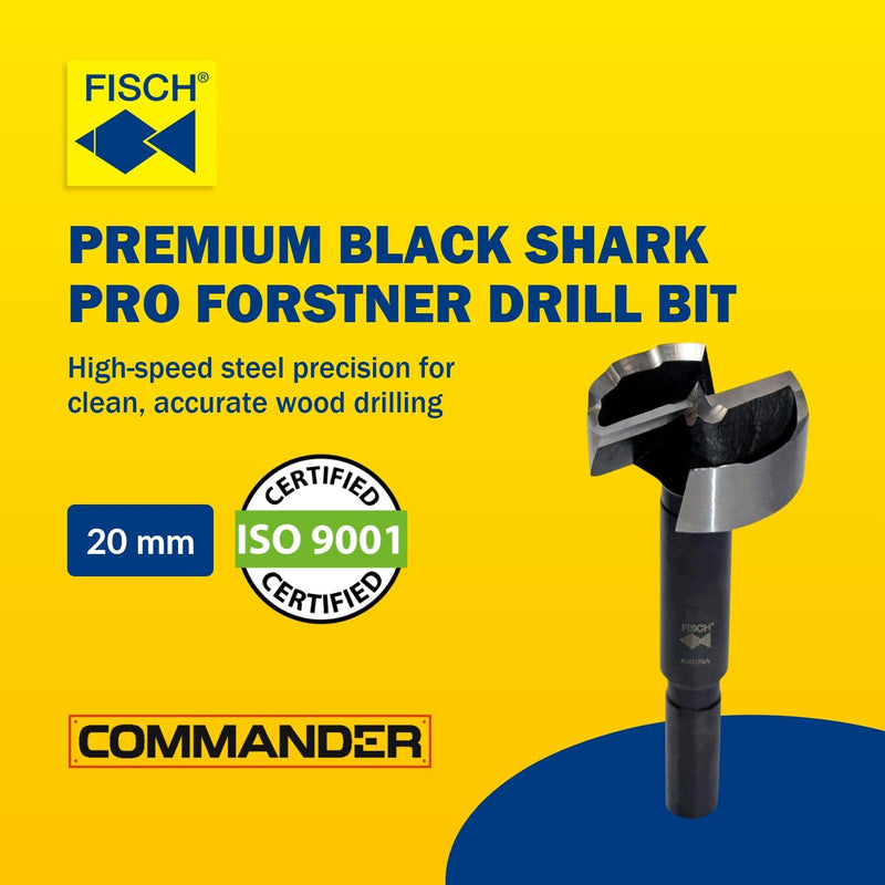 Fisch Forstner Drill Bit - Black Shark Pro Steel for Woodworking - Precision Flat Bottom Cuts in Hardwoods, MDF and Plywood - Forstner & Wood Drill Bits, Made in Austria, Size: 20mm