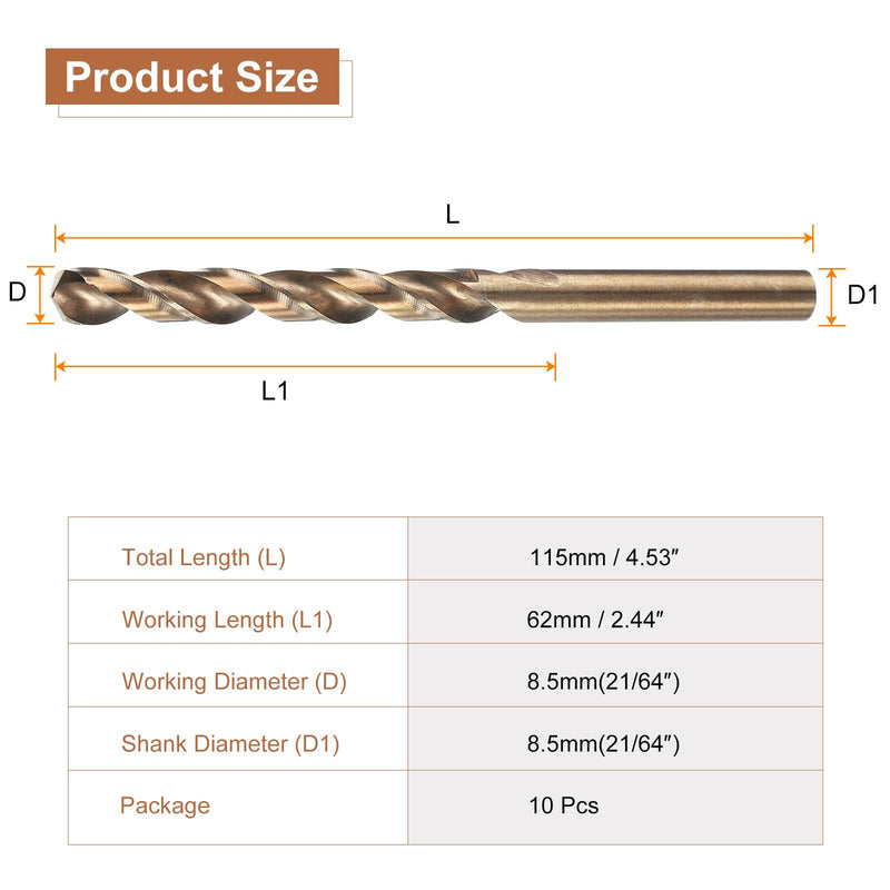 HARFINGTON 10pcs M35 Cobalt Twist Drill Bit 8.5mm(21/64") Dia High-Speed Steel Metric Drill Bit with Titanium Coating for Drilling Hard Metals, Stainless Steel, Alloy Steel, Cast Iron 10