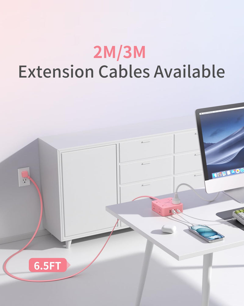 Extension Cord with Multiple Outlets, SMALLRT Power Strips, 6.5FT Flat Plug Power Strip with USB Ports, 8 Outlets, Outlet Extender Outlet for Home Office, Pink 6.5 Ft