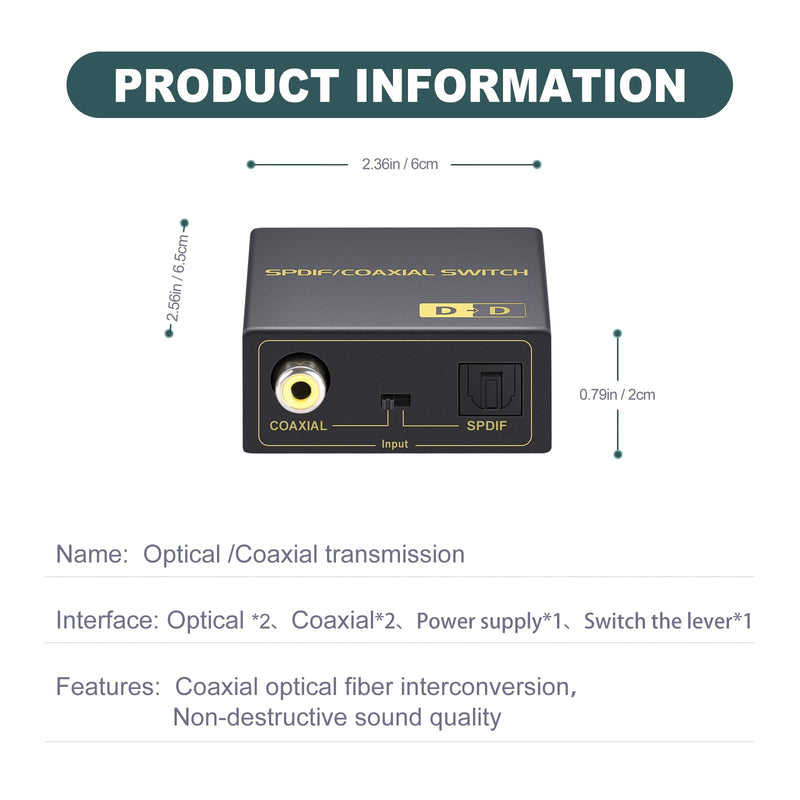 Optical to Coaxial Or Coax to Spdif Bi-Directional Audio Converter, Support Converter/Repeate/Splitter, with 1 Optical, 1 Coaxial Cable, 1 Power