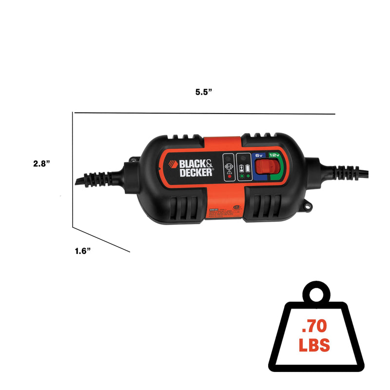 BLACK+DECKER BM3B Fully Automatic 6V/12V Battery Charger/Maintainer with Cable Clamps and O-Ring Terminals, Multi, 1.5 Amp
