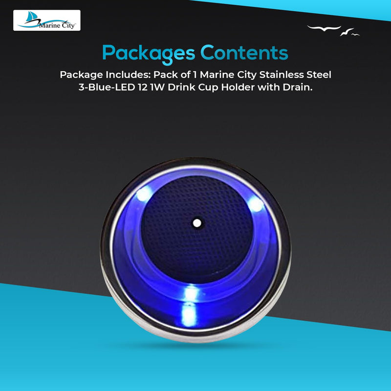 Marine City Drink Cup Holder with Drain – Stainless Steel, 12V 1W- 3 Blue LED Light, Ideal for Boat, RV, Poker Table, Car, Dashboard (Pack of 1) 1-Pcs