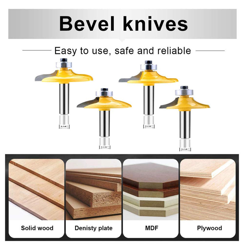 LEATBUY 1/4-Inch Shank Router Bit Set 4 PCS, Round Over Raised Panel Cabinet Door Ogee Rail and Stile Router Bits, Woodworking Wood Cutter, Table Carbide Groove Tongue Milling Tool(1/2-Single) 1/2-Single