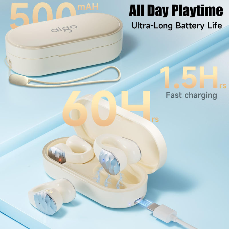 aigo Wireless Earphones Bluetooth Earbuds, Open Ear Clip Headphones for iPhone/Android/Computer, Sport Ear Buds Built-in Mic, Noise Canceling, Waterproof, Wireless Charging, Off White Headset