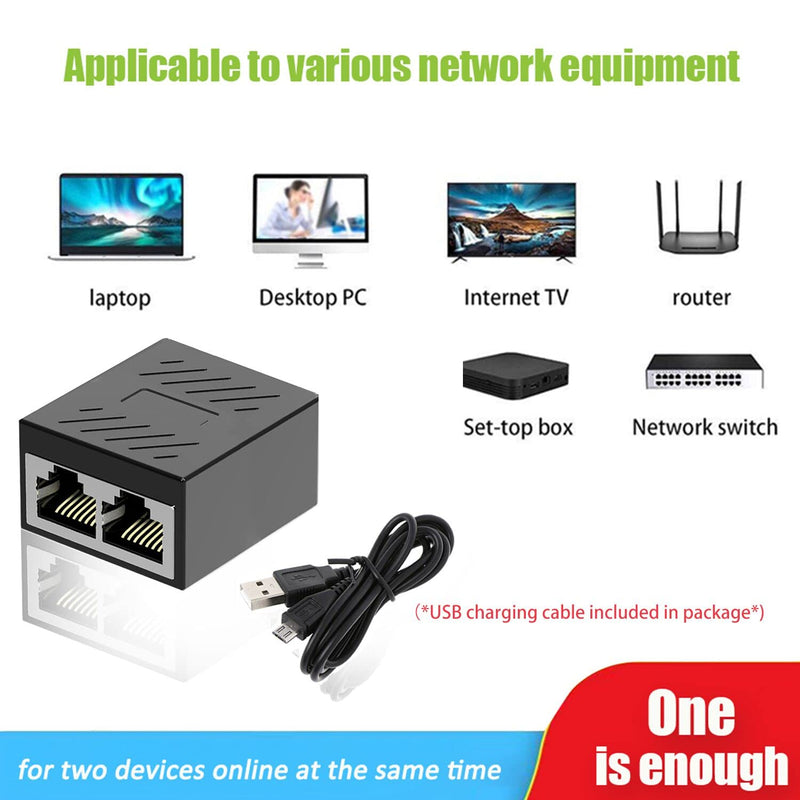 RJ45 Ethernet Spliter 1 to 2, Ethernet Swtich1 Female to 2 Female with USB Power Cable, RJ45 Splitter for Cat5/5e/6/7/8 Cable [2 Devices Simultaneously Networking]