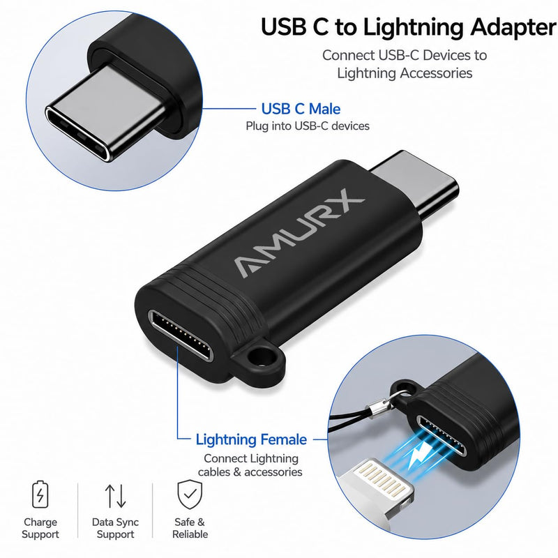 Lightning to USB C Adapter 2 Pack with Lanyards, Fast Charging, 480Mbps Data Sync, Compatible with iPhone 17/16/15 Series, iPad, Samsung Galaxy, Google Pixel, No Audio OTG Black