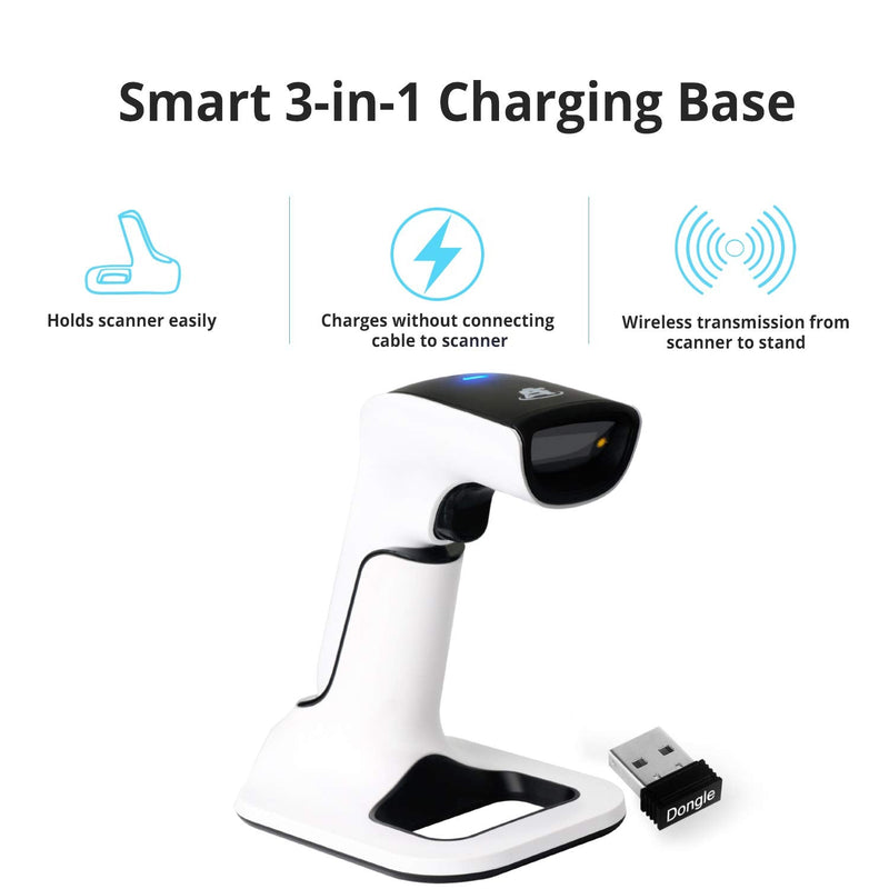 ScanAvenger Wireless Portable 1D&2D with Stand Bluetooth Barcode Scanner: 3-in-1 Handheld Scanner, Rechargeable Battery for Inventory - USB Bar Code/QR Reader (1D&2D with Next Gen Stand) 1D&2D With Next Gen Stand