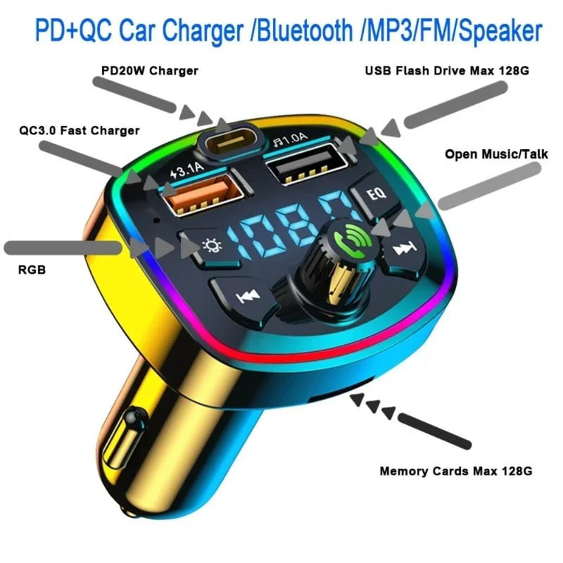 Car Cigarette Lighter PD 3.1A Fast Charging Bluetooth Receiver Lossless MP3 Player Car Music USB Converter with Digital Display (Black) Black