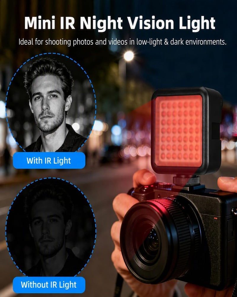 Mini IR Night Vision Light for Camera & Camcorder 2000mAh Rechargeable | Infrared Photography Light with 49 LEDs, 3 Cold Shoe Mount for Vlog Video Recording