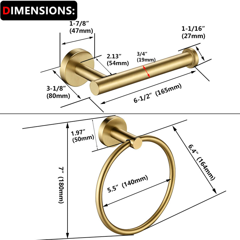 Gold Toilet Paper Holder, Towel Ring Set 2 Pieces Hand Towel Holder for Bathroom Hardware Accessories Set SUS304 Stainless Steel Sturdy Wall Mount Bathroom Holder… Brushed Gold