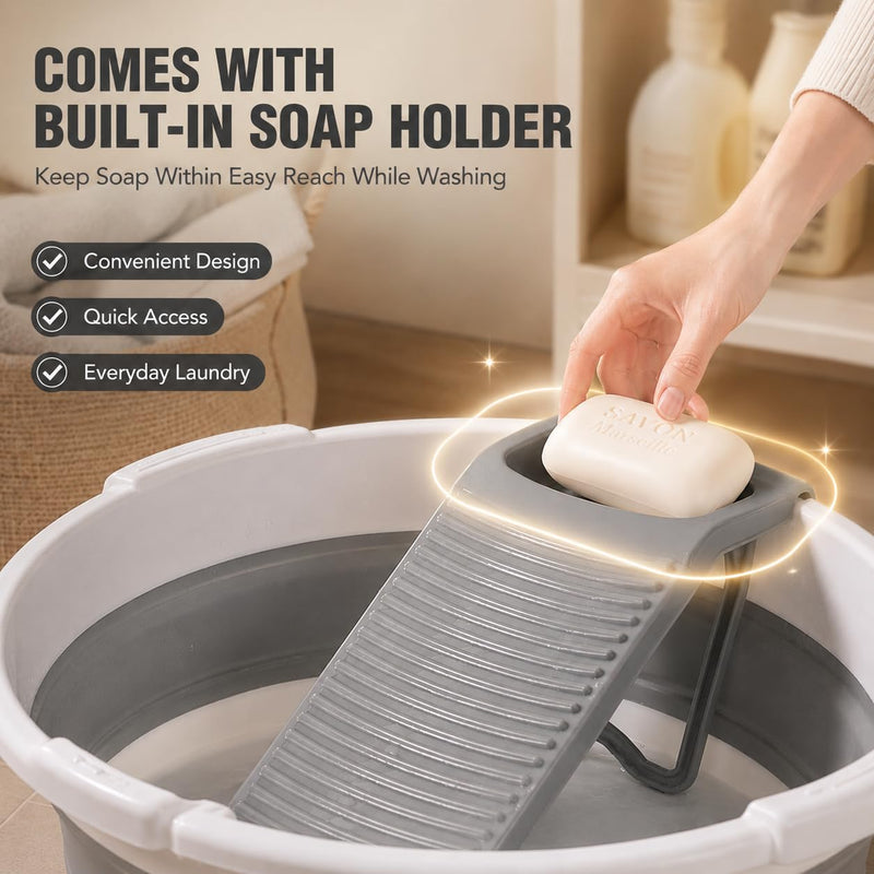Washboard Basin for Hand Washing Clothes, 8 Gallon Collapsible Laundry Tub with Detachable Washboard, Dual Drain Design, Foldable Utility Wash Basin for Apartment, RV, Camping, Travel & Small Spaces Gray White 20"x20"