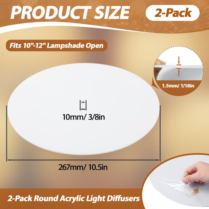 2 Pcs 10.5'' Diameter Round Lamp Shade Diffuser | with 3/8" Center Hole, White Acrylic Disc Lamp Diffuser for Drum Style Lampshades Pendants Softening Light 10.5 Inch