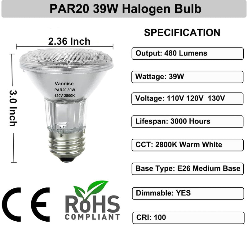PAR20 Flood 39W 120V 480 Lumens, 6pcs High Output PAR20 Halogen Light Bulb Warm White 2800K, 39W PAR 20 Dimmable with E26 Base, Long Lasting PAR 20 Flood Light Bulb for Indoor Outdoor 39 W- 6 Pack