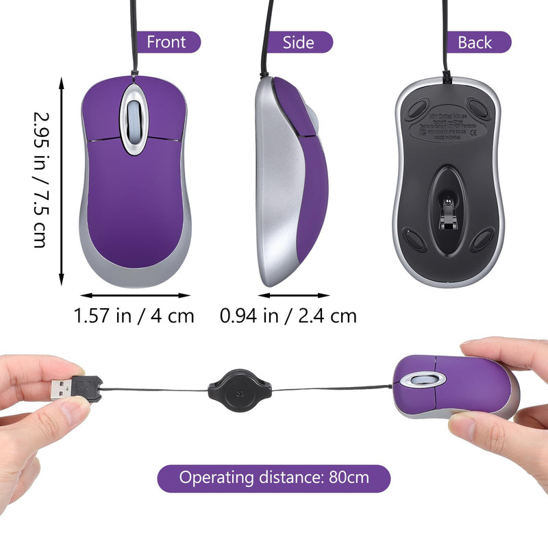 Abaodam Mini USB Mouse with Retractable Cord, Portable Wired Optical Computer Mice for Laptop, Small Travel for Office Business Home School Woman Men Girls Boys Present - Purple