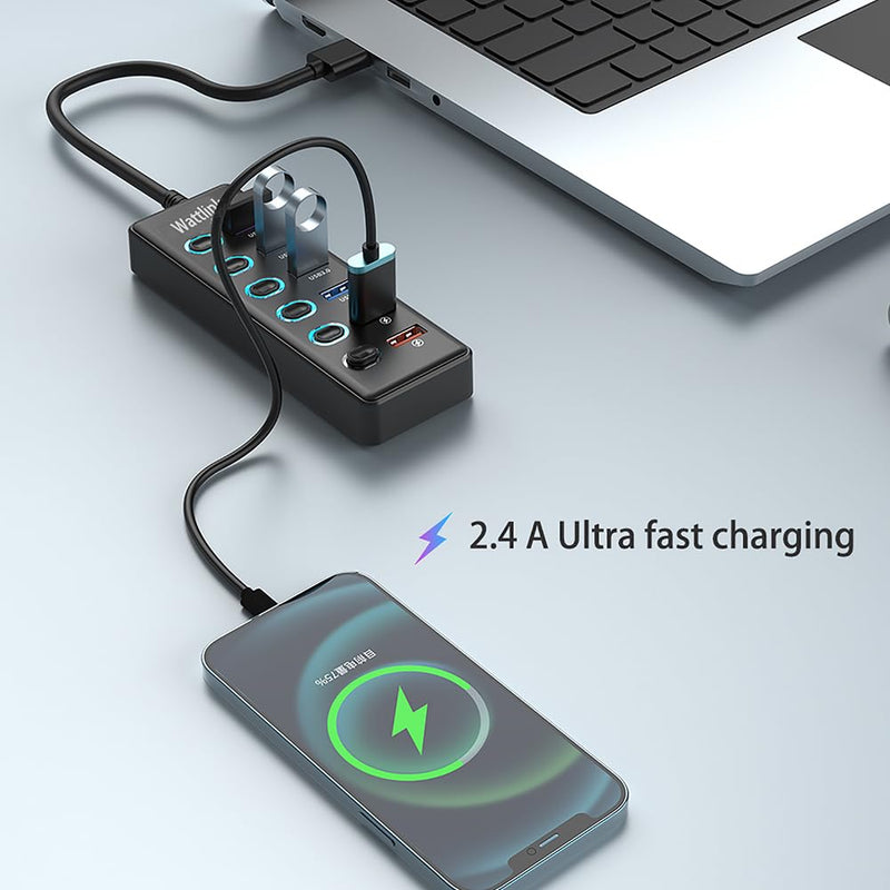Powered USB 3.0 Hub, 6 Ports Hub Splitter with Power Adapter, 4 Data Ports + 2 QC 3.0 Fast Charging Ports, Individual LED Switches, Black
