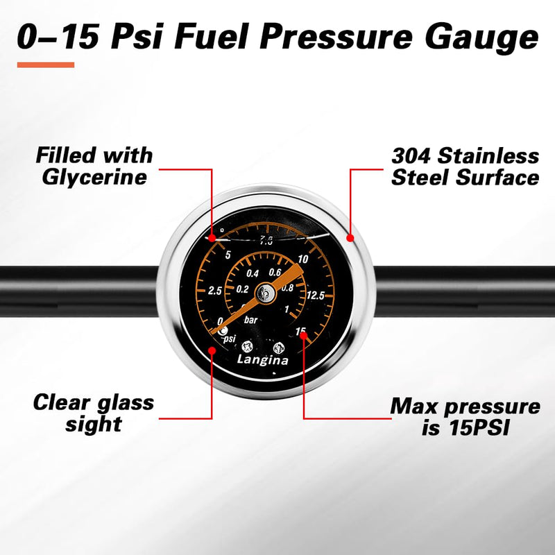 1/8" NPT Fuel Pressure Gauge Kit, 0-15psi Fuel Gauge, 1/8" Back Mount, Glycerin Filled Pressure Gauge with 2-Way Barbed Hose Fitting, Dual Use 5/16"(8mm) to 3/8"(10mm) Barb Fitting(304SS)