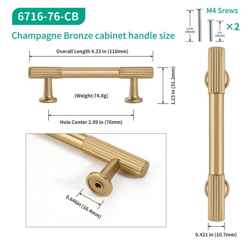 3 inch (76mm) Champagne Bronze Cabinet Pulls, 10 Pack | Solid zinc alloy champagne bronze pulls, 3 in (76mm) hole centers; fit cabinets, drawers, closets & vanities 3"(76MM) Hole Centers