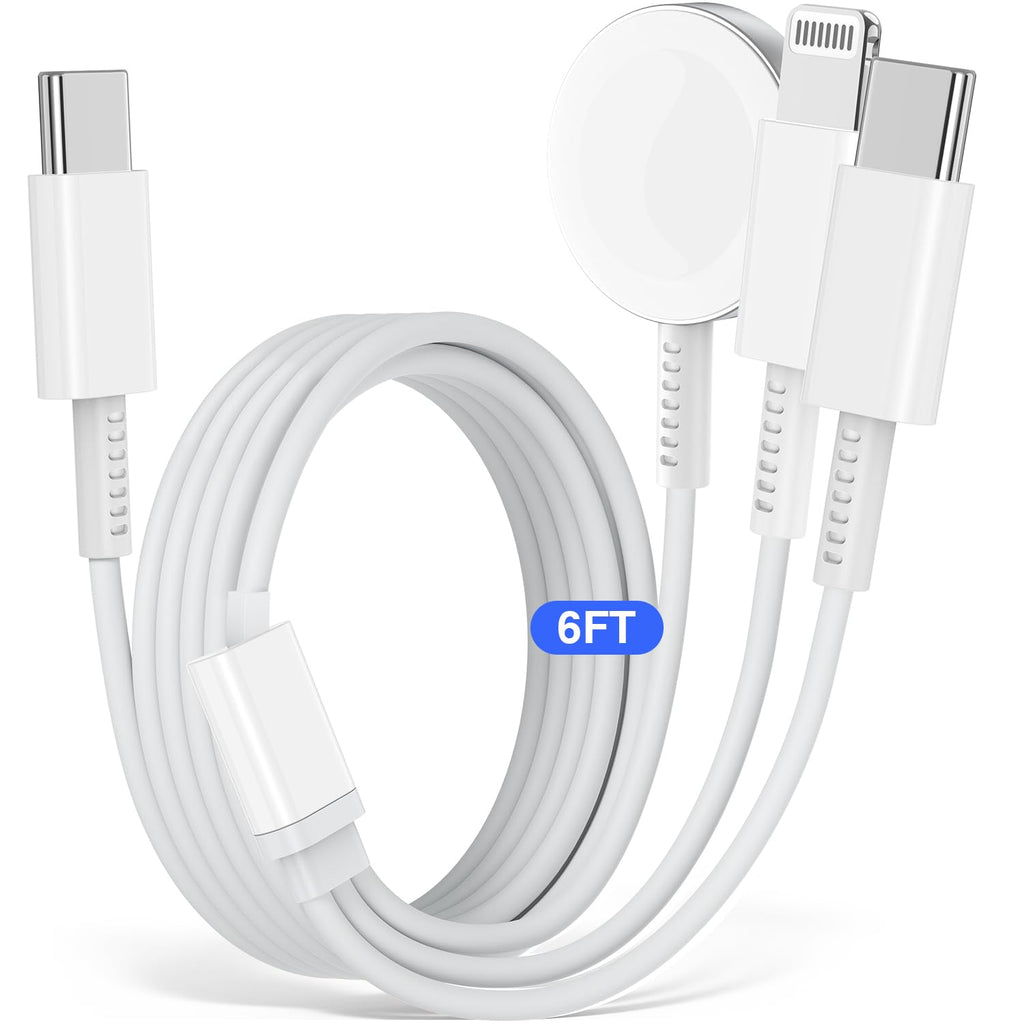 for Apple Watch Charger USB C for iPhone 15 14 for iWatch Charger Fast Charging Cable 3 in 1 Multi Devices 6FT Travel Charger Cable for Apple Watch Series 9/8/7/6/5/4/3/Ultra2/1/SE/For iPhone 15 14 13 White