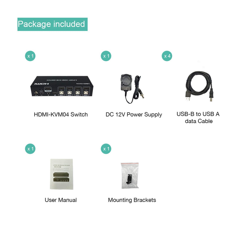 LINOVISION 4 Port HDMI KVM Switch, 4K@30Hz Input with 4 USB2.0 Hub. Full Metal Housing. Hotkey Switch. Using One Set of HDMI Monitor, Keyboard and Mouse to Control 4 PC/DVR/NVR/PS3/PS4.4 in 1 Out