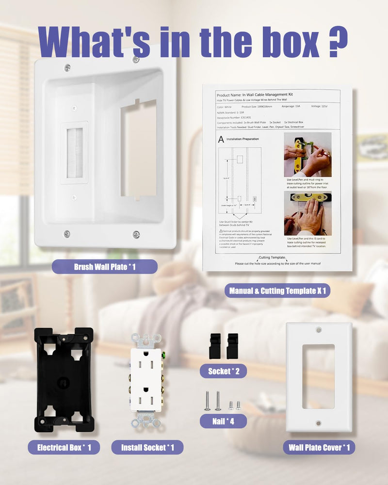 Wall Cable Concealer Kit, Upgraded Recessed TV Outlet Box-Two-Hole Socket with Cable Management Box, Hider in Wall Cable Management Kit Safe Hide Power Cables & Low Voltage Wires Fits All Plugs