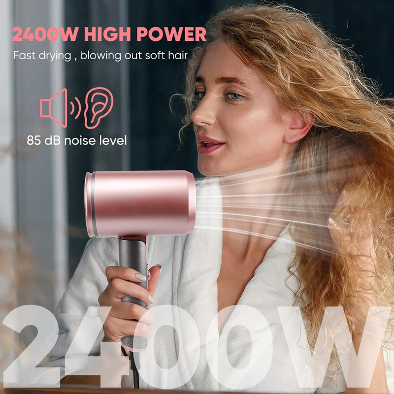 Ionic Smooth Hair Dryer with Diffuser, 2X Fast with 3 Heat Settings, 2400w Motor &110,000 RPM, Professional Lightweight Hair Dryer for Curly and Straight Hair Low Noise