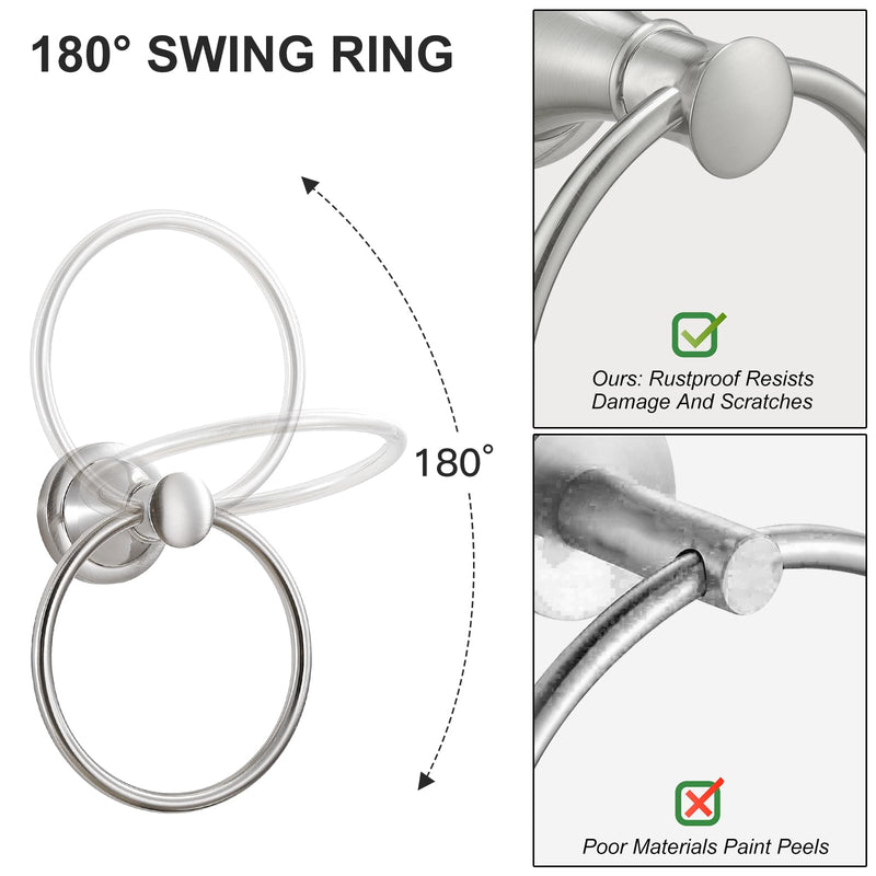 BESy Brushed Nickel Bathroom Hand Towel Ring Towel Holder, Rustproof Wall Mounted Bathroom Hardware Accessory SUS 304 Stainless Steel Towel Rack