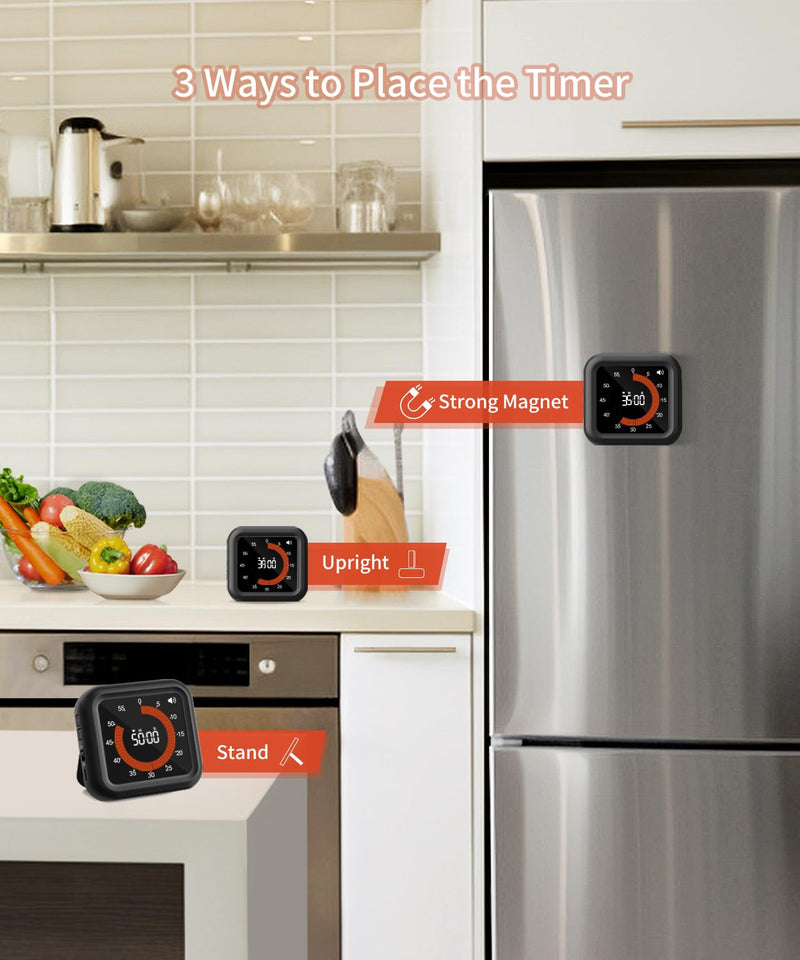 Digital Visual Timer - Large Display Magnetic Countdown Timer with Adjustable Volume and Brightness, 11H59M Memory Function for Kitchen, Classroom, Study Time Management, Seniors & Teachers Black