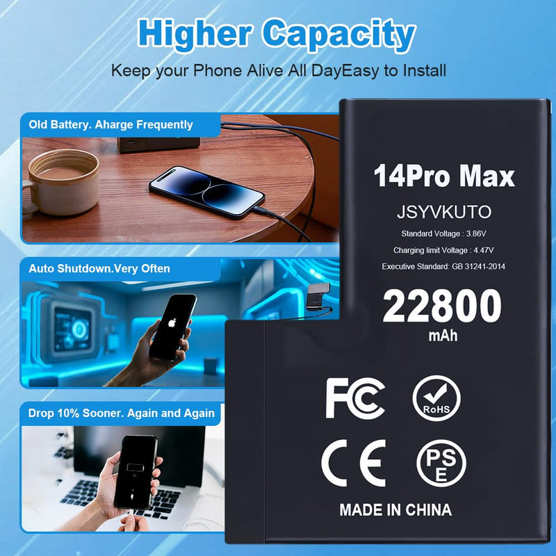 22800mAh Battery for iPhone 14 Pro Max, New 0 Cycle Upgraded Higher Capacity Replacement Battery for iPhone 14 Pro Max with Full Set Repair Tool Kit, Model A2894, A2651, A2893, A2895 14Promax-22800