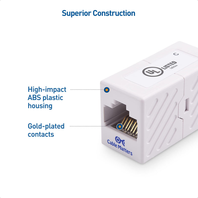 Cable Matters [UL Listed] 5-Pack 10Gbps Cat 6 Ethernet Coupler (RJ45 Coupler, Cat6 RJ45 Female to Female Adapter, Ethernet Extender Adapter) in White, Compatible with Cat6A, Cat5e