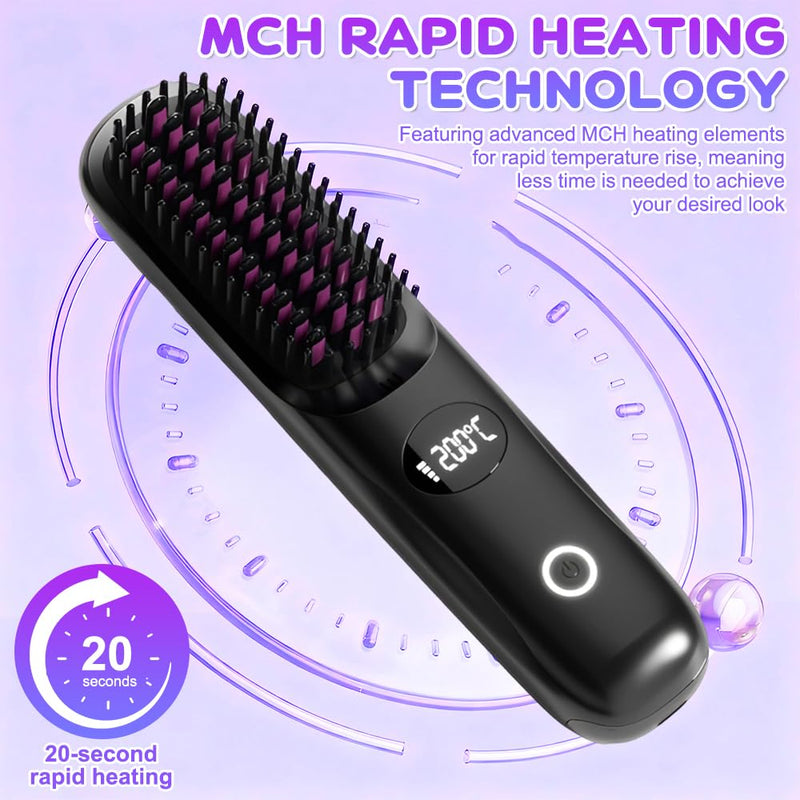 Hair Straightener Brush UK,Go Brush Pro UK, Cordless Hair Straightener Brush, Portable Straightener Brush with 4 Heat Settings, LED Display, Glow Wave Heated Brush for Short Hair Travel Home