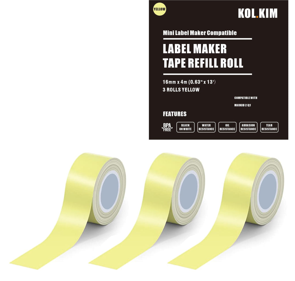 3 Rolls 0.63" x 13' Waterproof Laminated Label Tape for Make ID Label Tape Refill, for Makeid Label Tape Refill MakeID Label Makers L1 Q1 Refills Replacement Wire Labels 16mm x 4m (Yellow) Yellow