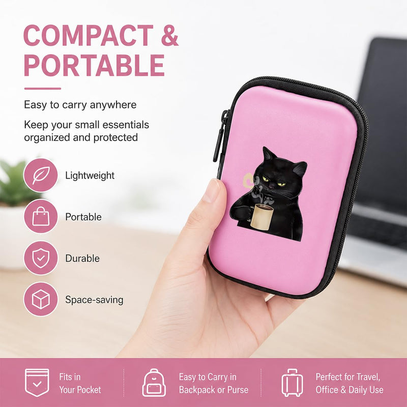 Grumpy Black Cat with Coffee Cup Print Hard Shell Electronics Organizer, Shockproof Carrying Case for Cables, Earphones, Chargers, Ideal Gift for Travel & Daily Use，4.33 * 3.14 * 1.57 inch/SNB02-026 Pink-026