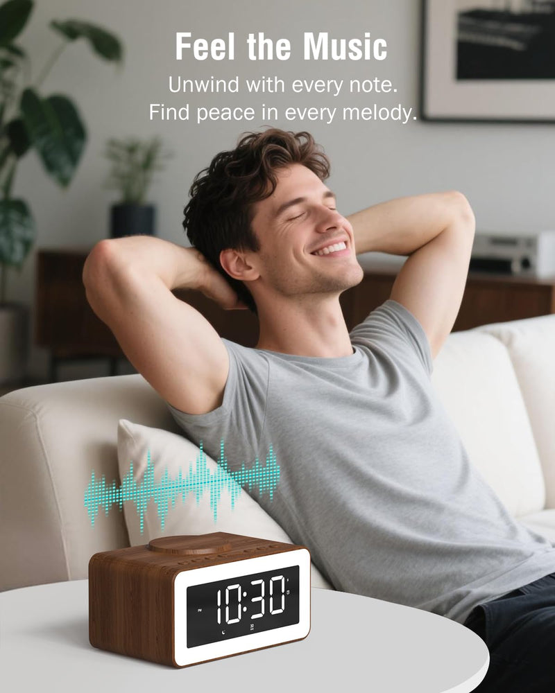 Alarm Clock with Wireless Charging, Bluetooth Speaker, White/Brown Noise Sound Machine Night Light, Wooden Digital Alarm Clocks for Bedrooms, Wireless Charger for iPhone, Birthday Gifts for Men Women
