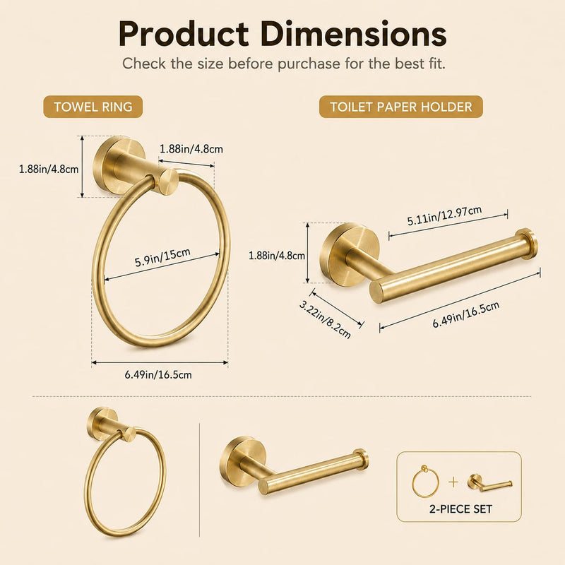 Toilet Paper Holder Towel Ring Brushed Gold Bathroom Hardware Hand Towel Holder Bathroom Accessories Set Wall Mount Stainless Steel 2 Pieces Bathroom Hardware Set 2 Pieces