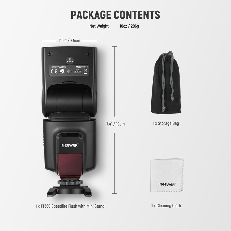 NEEWER TT560 Flash Speedlite Compatible with Canon Sony Nikon Panasonic Olympus Pentax and Other DSLR, Studio Light Digital Camera Speedlight with Standard Hot Shoe, Mini Stand, Cleaning Cloth & Bag TT560 w/Cleaning Cloth
