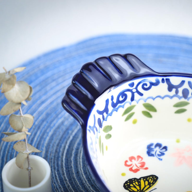 Vintage Butterfly and Flower Pattern Pie Pan, Chicken Shape Ceramic Bakeware Casserole Dish Baking Pan Bakers Lasagna Pans Soup Bowl Baking Dish for Oven to Table-Blue-25 OZ Blue 25 OZ