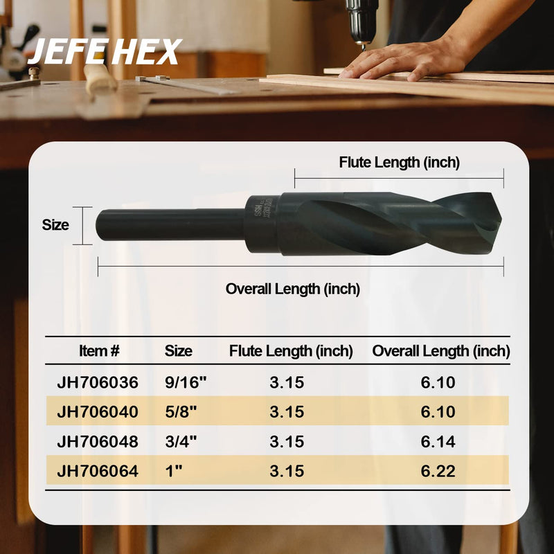 Jefe Hex Reduced Shank Industrial Drill Bit, 5/8 Inch Silver and Deming Drill Bits, HSS Black Oxide Finish Drill Bits, 135-Degree Split Point, Zinc Alloy, Wood and Plastic 5/8 Inch(3 PCS)