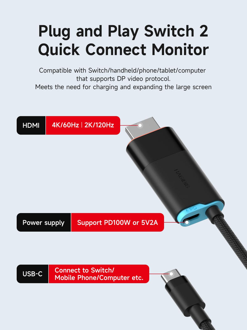 Hagibis Switch2 Dock for Nintendo Switch1/2 & Switch OLED, USB C to HDMI Cable Adapter with 4K@60Hz HDMI, 100W PD, Type-C to HDMI Adapter for Laptop, Tablet, SteamDeck, ROG Ally (Black 4K@60Hz) 6.6ft Black 4K@60Hz