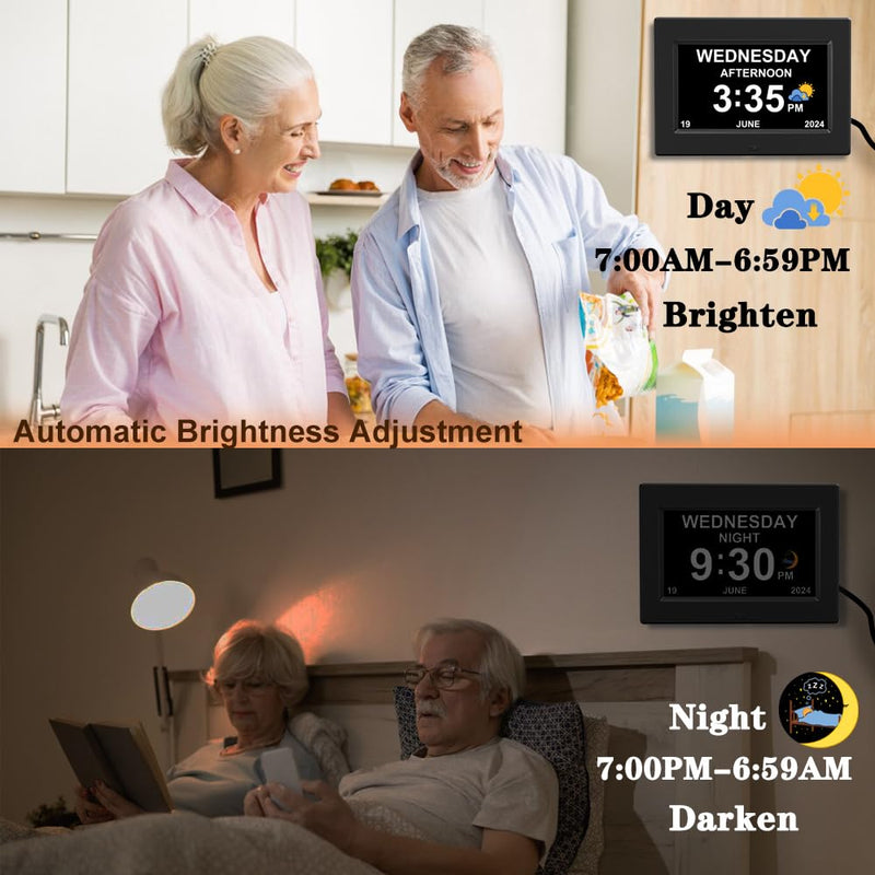 DST Digital Clock with Date and Day of Week for Elderly-12 Alarms Medication Reminder Dementia Alzheimers Clock Calendar with Extra Large Display (7 inch Black) 7 inch Black