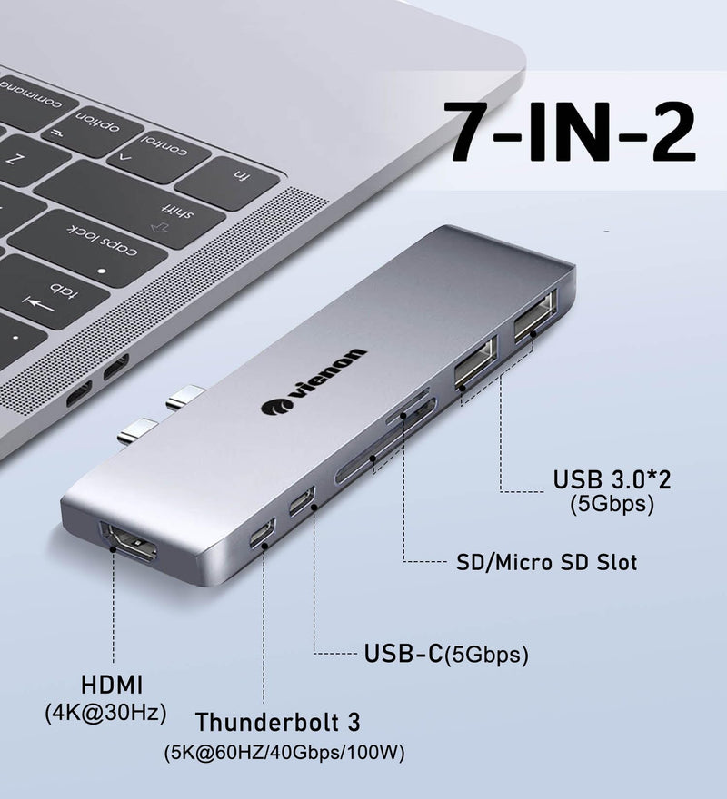 VIENON USB C Hub Adapter for MacBook, 7 in 2 Docking Station with 4K HDMI, 40Gbps Thunderbolt 3, 5Gbps USB-A &C Data Ports, SD/TF Card Reader Compatible for MacBook Pro Air M3/M2/M1 (2018-2024) 7-in-2