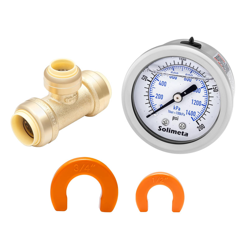 Push-to-Connect 2” Liquid Filled Pressure Gauge, 3/4 inch Pressure Gauge Tee