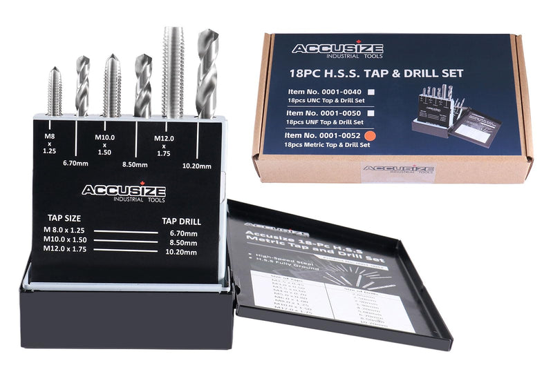 Accusize Industrial Tools HSS Tap and Drill Set, Metric, 18 Pc, 0001-0052 | 18 Pc HSS Tap and Drill Set, Metric, Taps: M2.5x0.45 to M12x1.75, Drills: 2.05 to 10.20 mm, Fully Ground