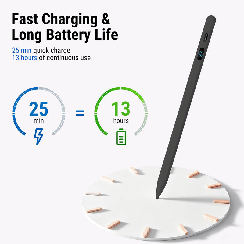 2-in-1 Stylus with LED Display | dual-mode active + capacitive, palm rejection, tilt, USB-C fast charge, no Bluetooth, 3 tips, for iPad iPhone Samsung Switch Black