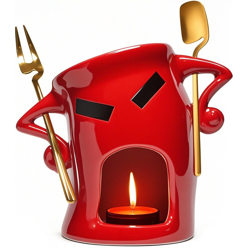 Ceramic Fondue Cup Set w/Built-In Fork & Spoon - Mini Chocolate/Cheese Fondue Mug | Microwave & Dishwasher Safe | Compact Gift-Ready (Red) Red