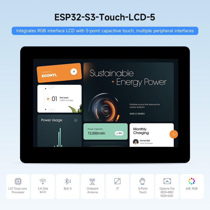 Waveshare ESP32-S3 5inch Capacitive Touch Display Development Board, 5-Point Touch, 32-Bit LX7 Dual-Core Processor, Support Wi-fi & BLE, with Onboard Antenna, 800×480 Display Resolution