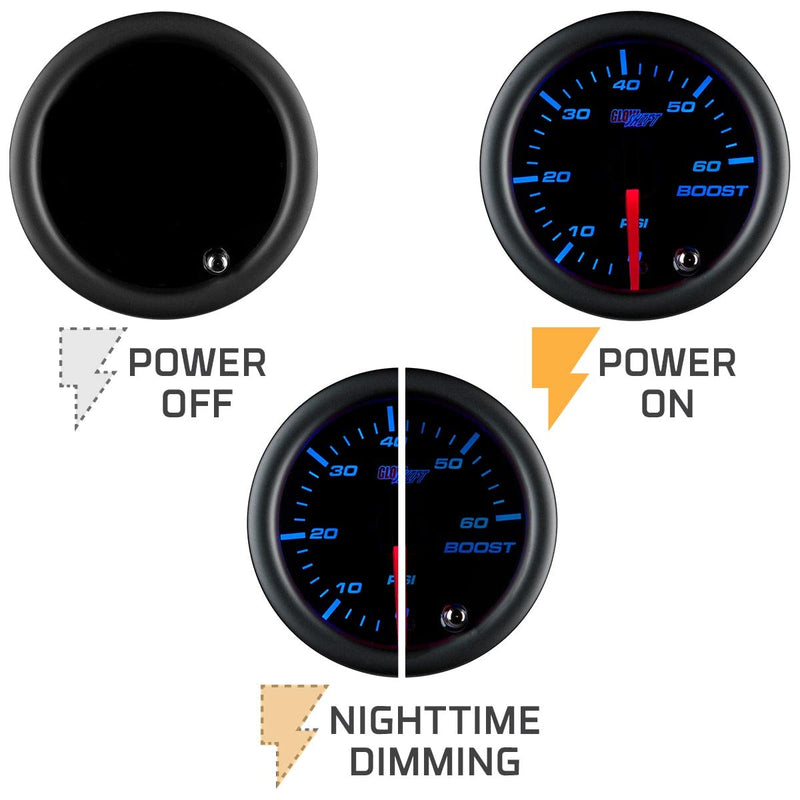 GlowShift Tinted 7 Color 60 PSI Turbo Boost Gauge Kit - Includes Mechanical Hose, 1/8-27 NPT Fittings & Wiring - Multi-Color Display - Black Dial - Smoked Lens - for Diesel Trucks - 2-1/16" 52mm