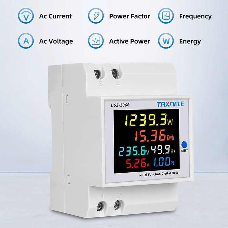 Single Phase Energy Meter Tester Din Rail Electricity Usage Monitor 6 in 1 Multimeter AC 40-300V 100A Voltage Current Voltmeter Ammeter Watt Kwh Frequency Power Meter 110V (Built-in CT)